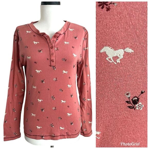 Bit and Bridle Horse Print Thermal Henley Top M Pink Equestrian Cowgirl Country - Picture 2 of 11